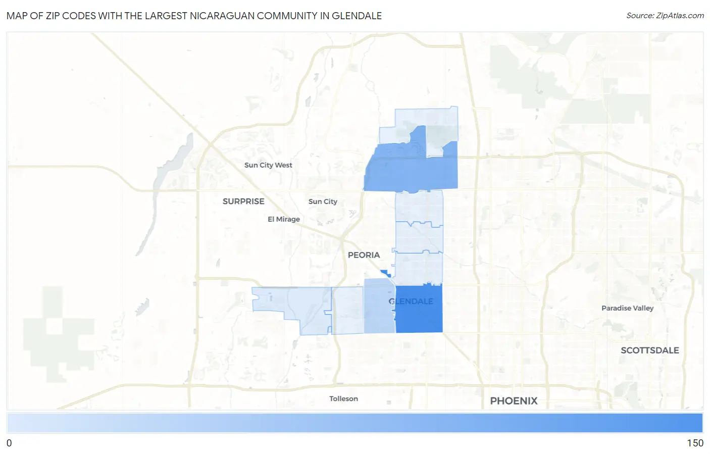 Zip Codes with the Largest Nicaraguan Community in Glendale Map
