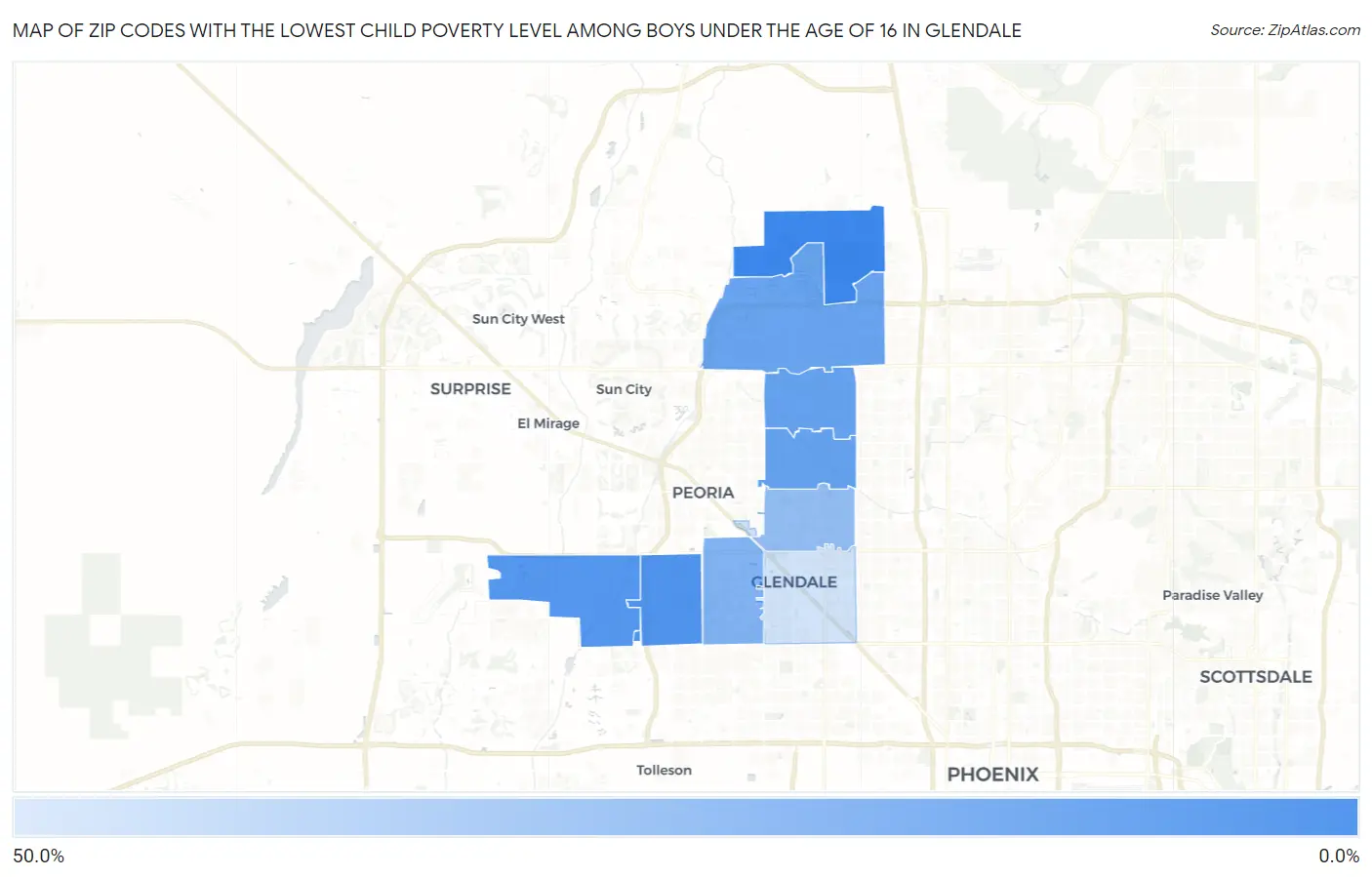 Zip Codes with the Lowest Child Poverty Level Among Boys Under the Age of 16 in Glendale Map