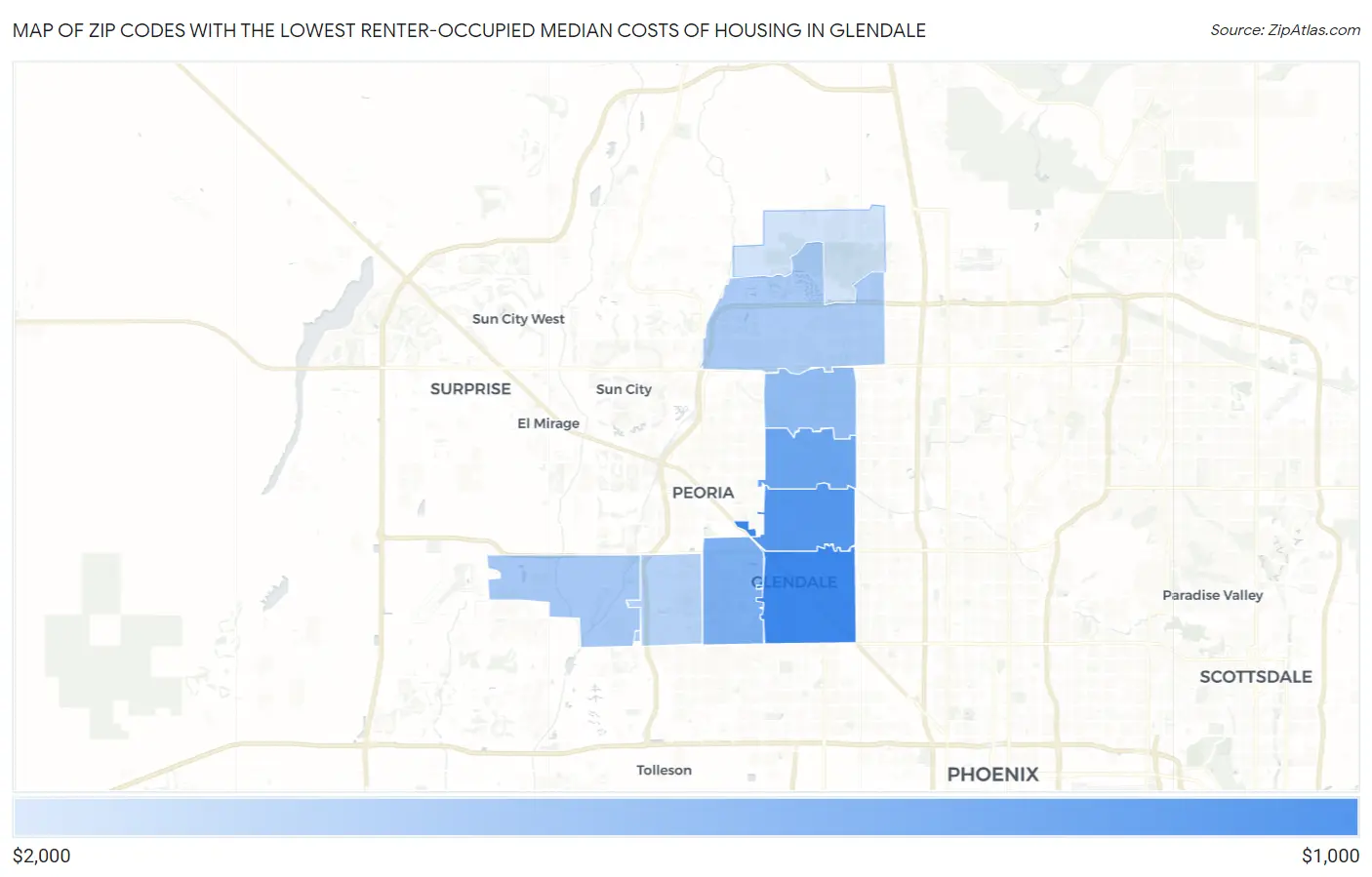 Zip Codes with the Lowest Renter-Occupied Median Costs of Housing in Glendale Map