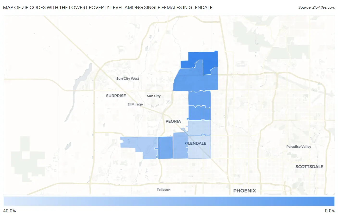 Zip Codes with the Lowest Poverty Level Among Single Females in Glendale Map