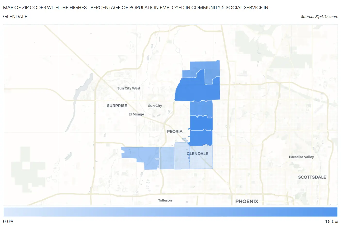Zip Codes with the Highest Percentage of Population Employed in Community & Social Service  in Glendale Map