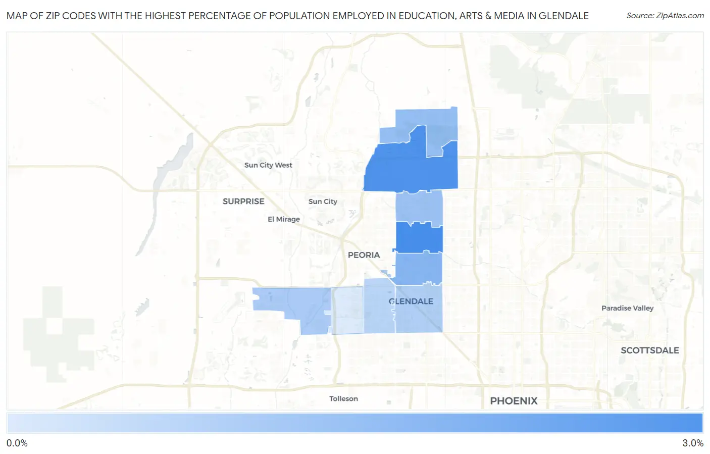 Zip Codes with the Highest Percentage of Population Employed in Education, Arts & Media in Glendale Map