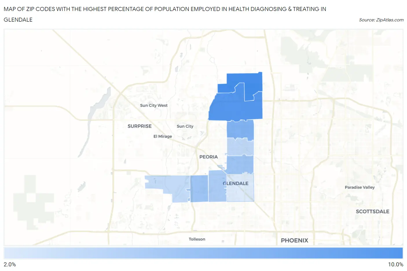 Zip Codes with the Highest Percentage of Population Employed in Health Diagnosing & Treating in Glendale Map