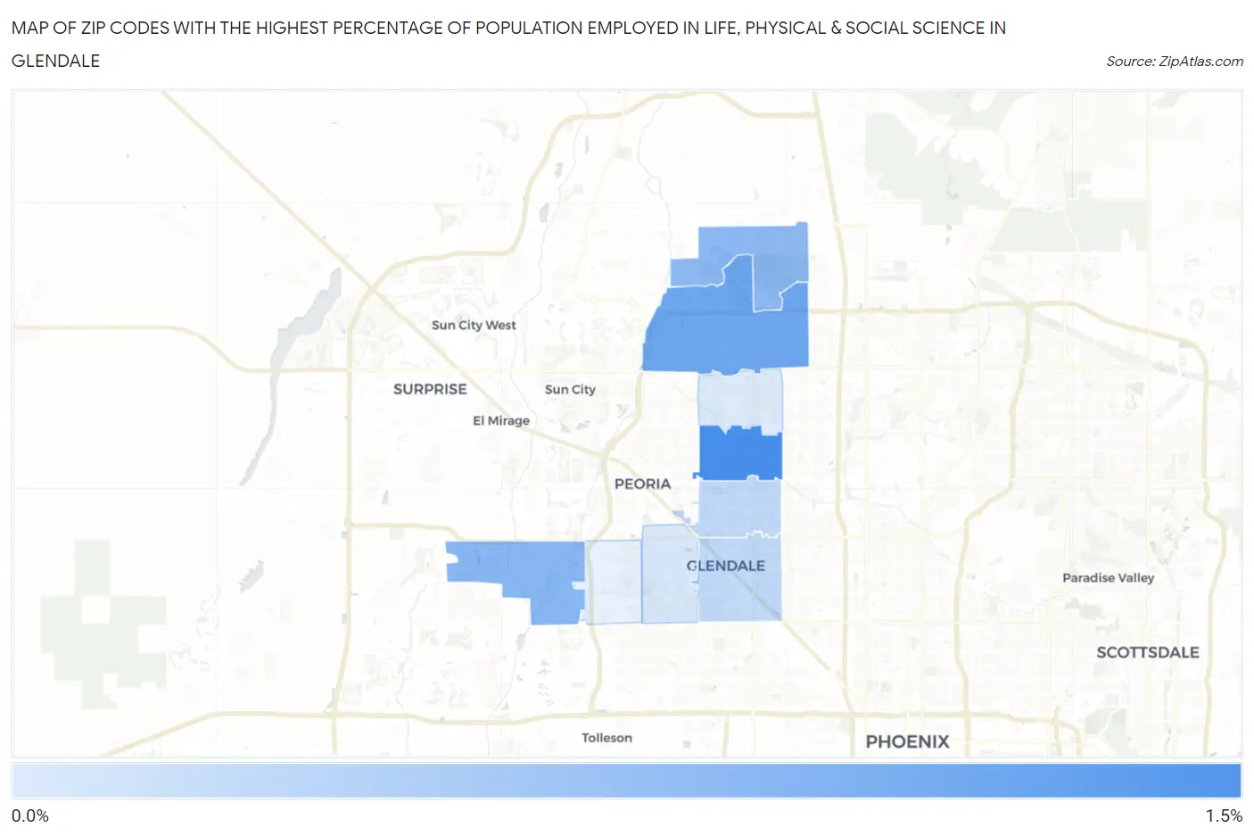 Zip Codes with the Highest Percentage of Population Employed in Life, Physical & Social Science in Glendale Map