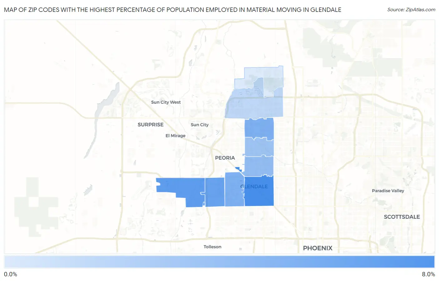 Zip Codes with the Highest Percentage of Population Employed in Material Moving in Glendale Map
