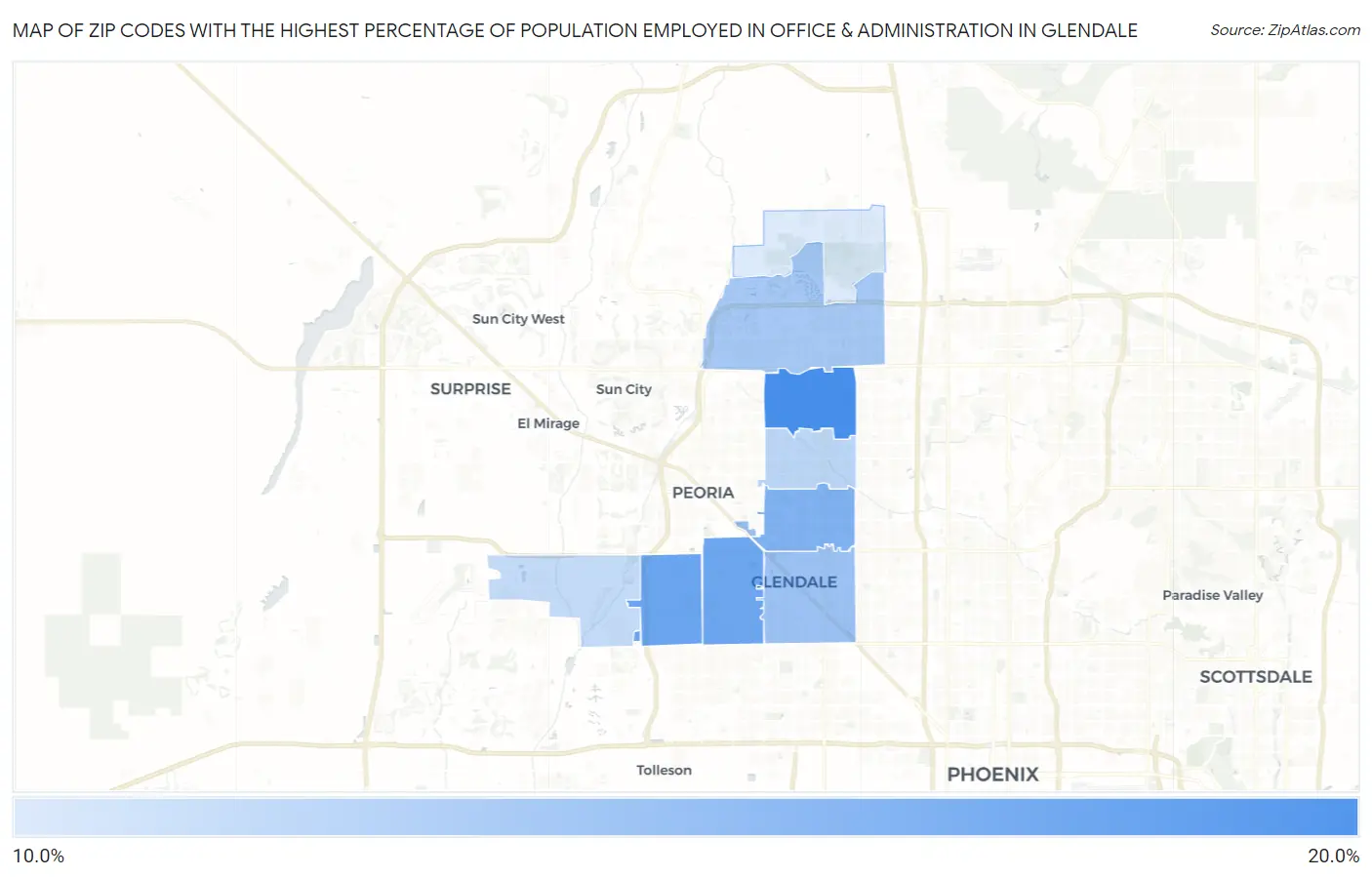 Zip Codes with the Highest Percentage of Population Employed in Office & Administration in Glendale Map