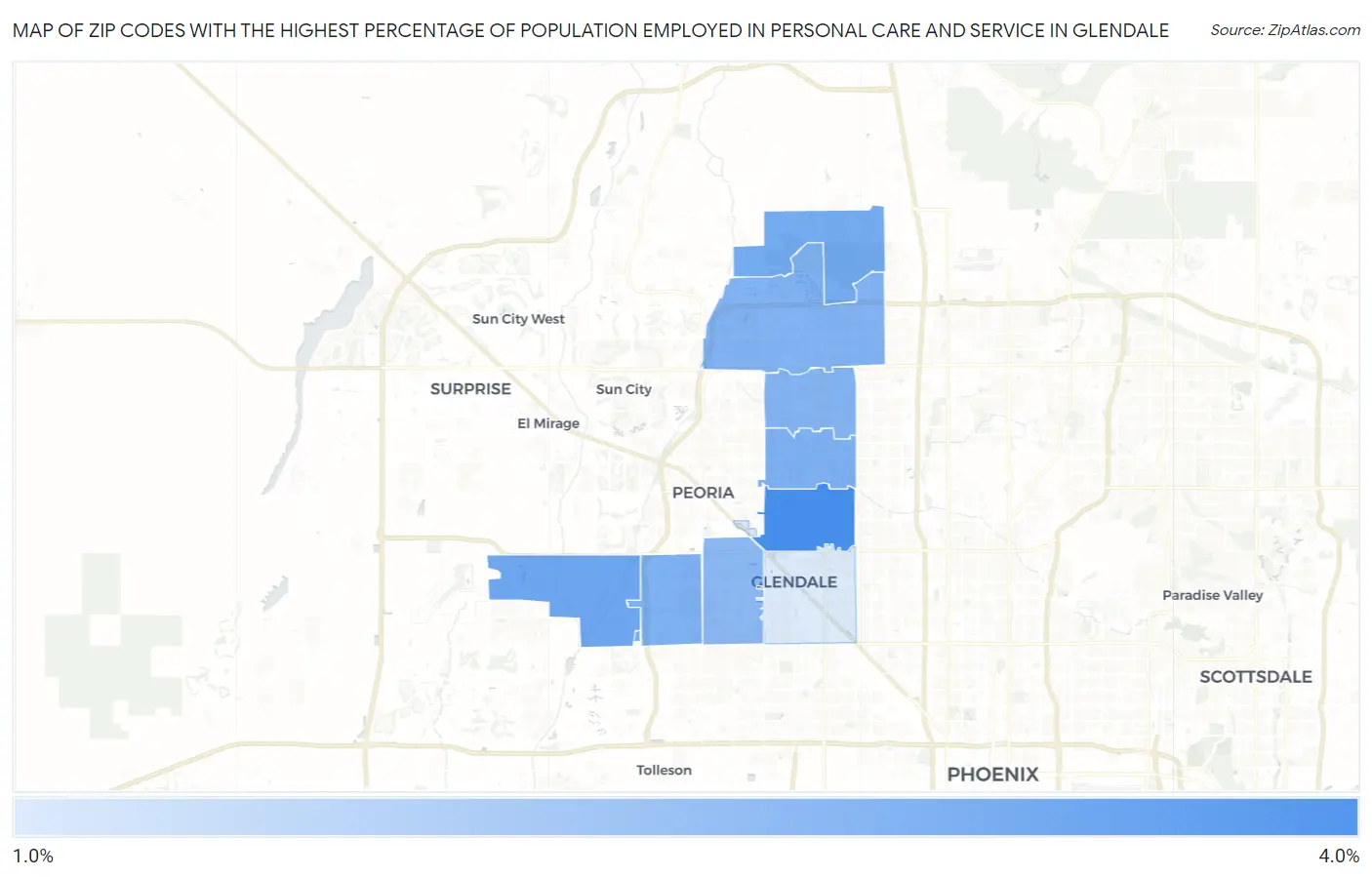 Zip Codes with the Highest Percentage of Population Employed in Personal Care and Service in Glendale Map