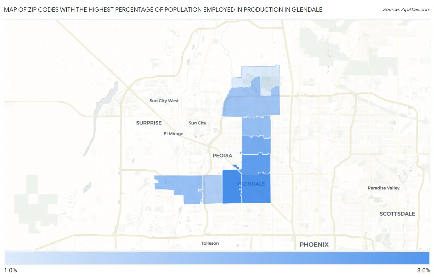 Zip Codes with the Highest Percentage of Population Employed in Production in Glendale Map