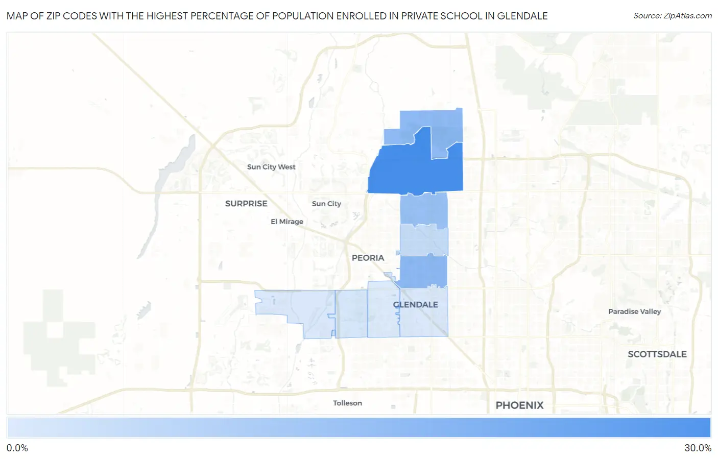 Zip Codes with the Highest Percentage of Population Enrolled in Private School in Glendale Map