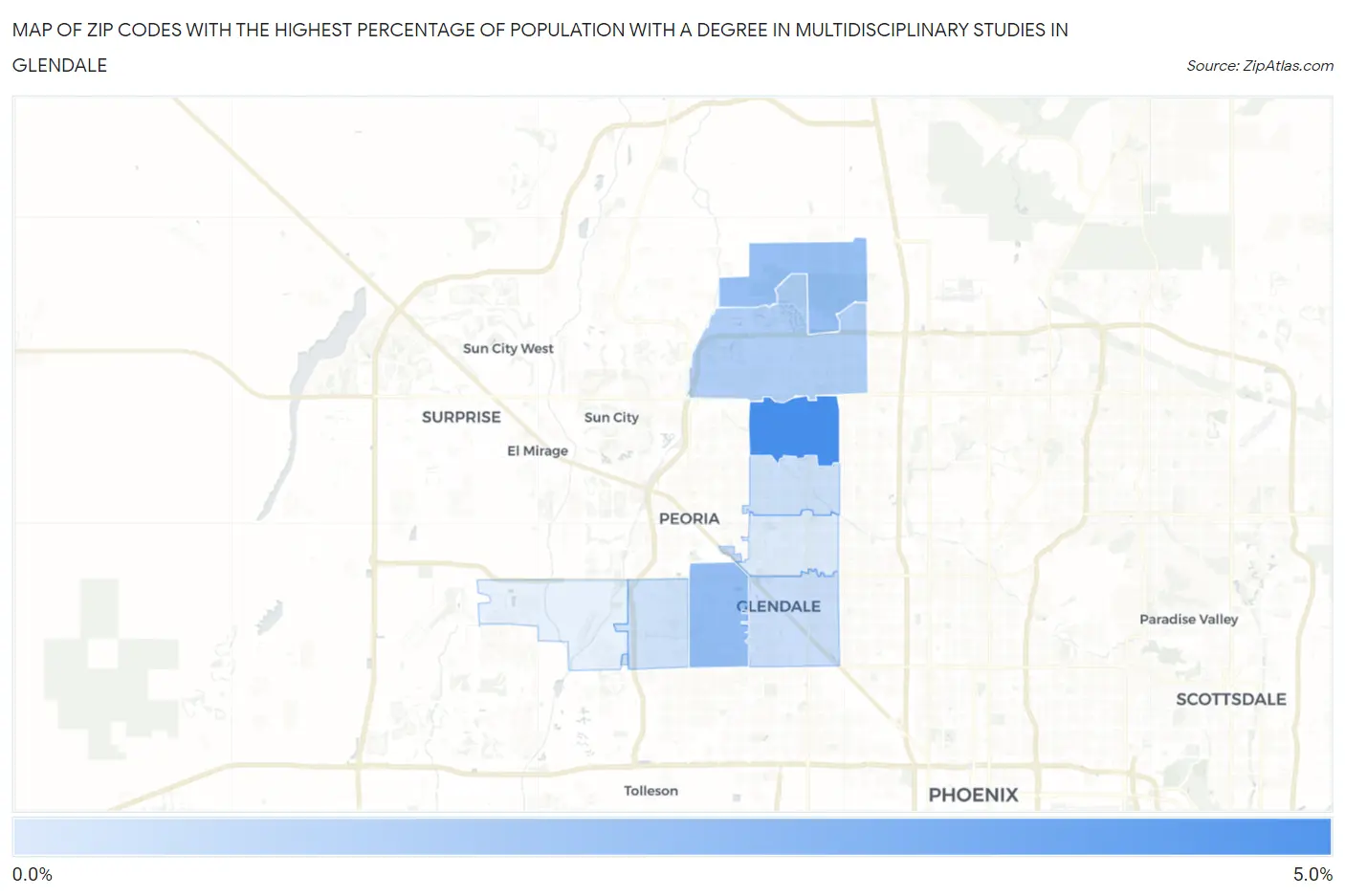 Zip Codes with the Highest Percentage of Population with a Degree in Multidisciplinary Studies in Glendale Map