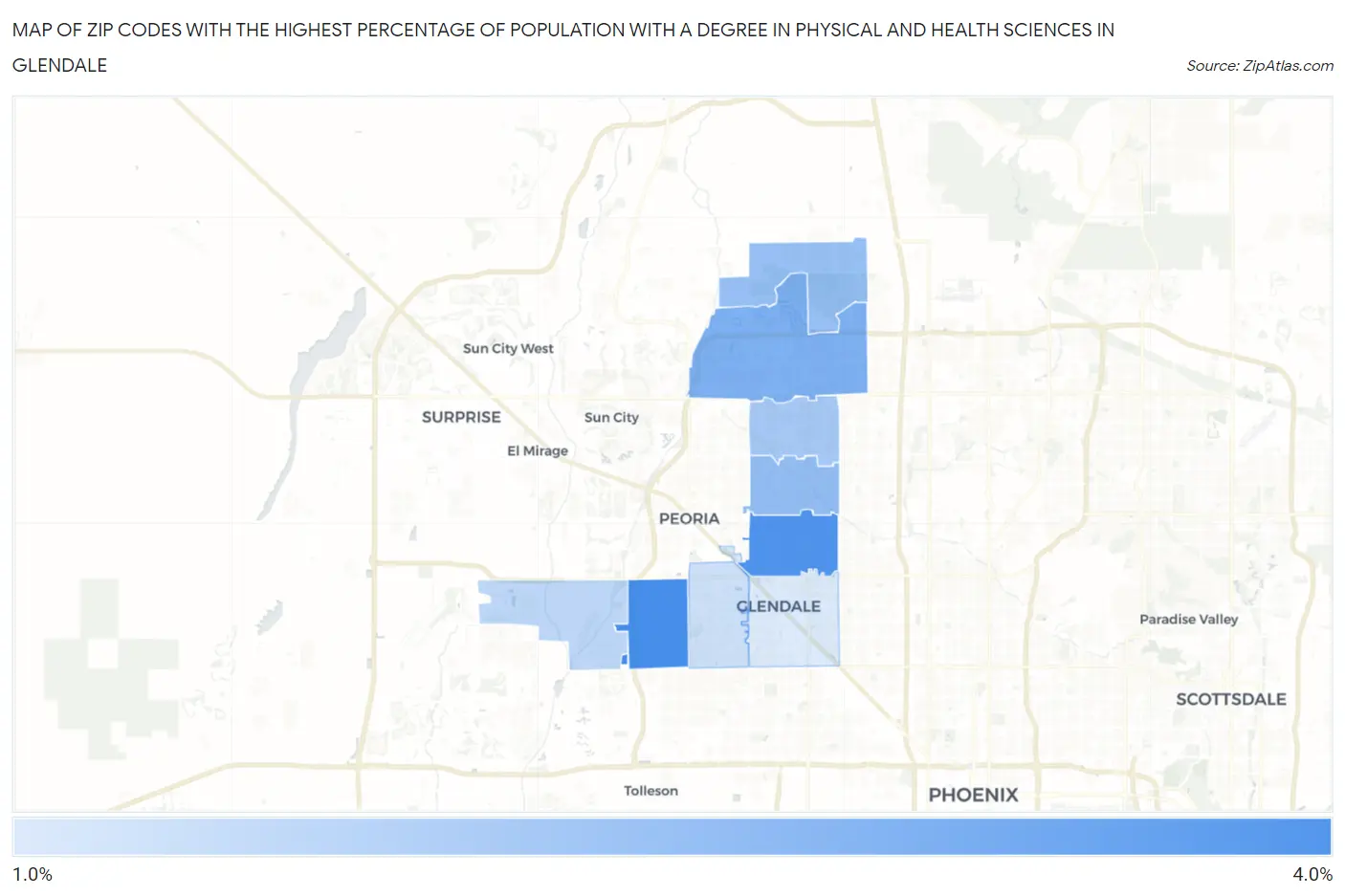 Zip Codes with the Highest Percentage of Population with a Degree in Physical and Health Sciences in Glendale Map