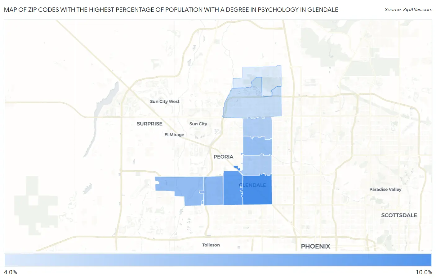 Zip Codes with the Highest Percentage of Population with a Degree in Psychology in Glendale Map
