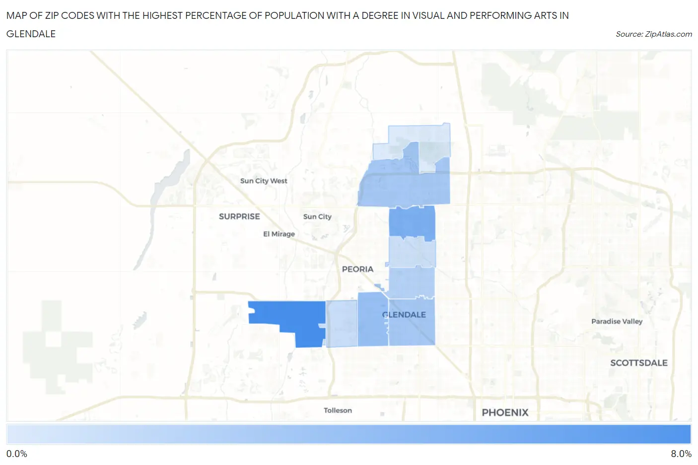Zip Codes with the Highest Percentage of Population with a Degree in Visual and Performing Arts in Glendale Map