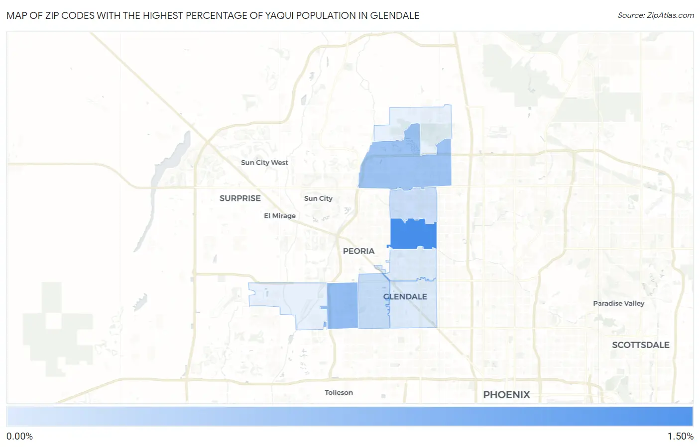Zip Codes with the Highest Percentage of Yaqui Population in Glendale Map
