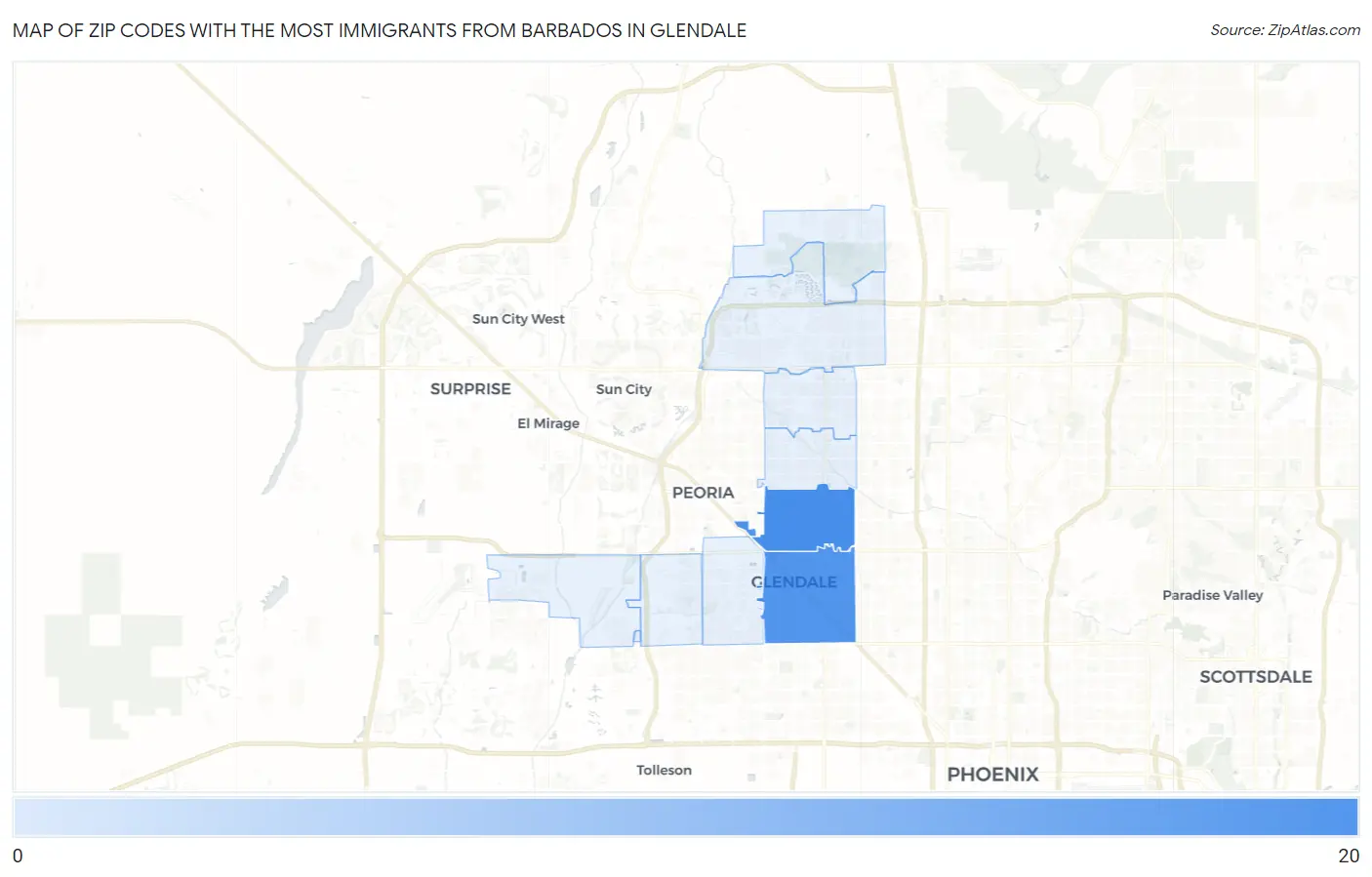 Zip Codes with the Most Immigrants from Barbados in Glendale Map