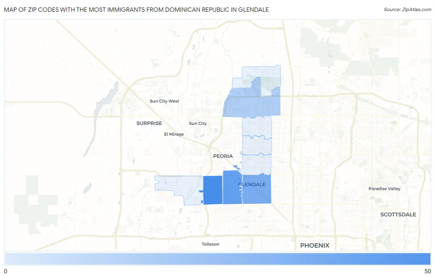 Zip Codes with the Most Immigrants from Dominican Republic in Glendale Map