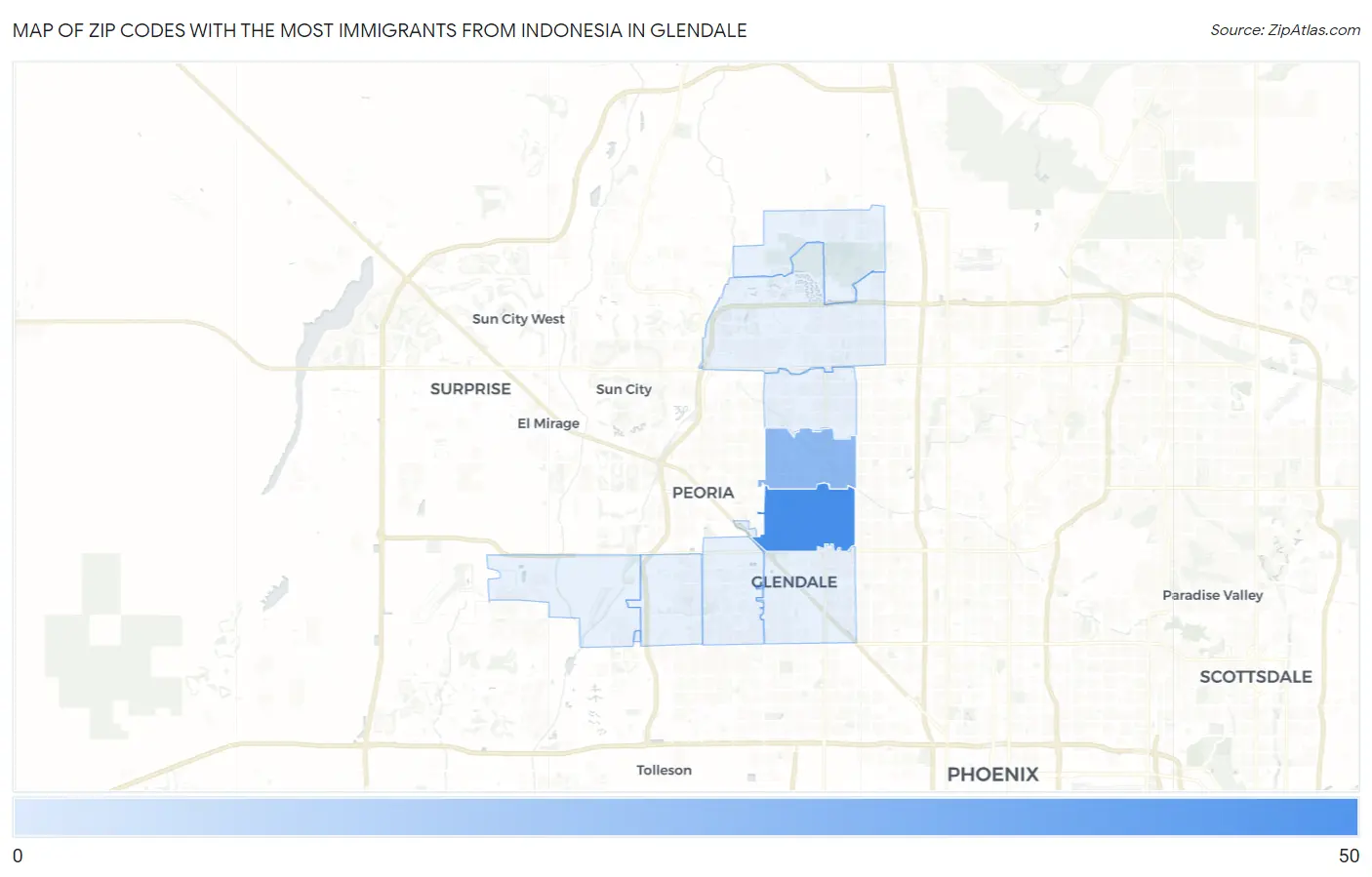 Zip Codes with the Most Immigrants from Indonesia in Glendale Map