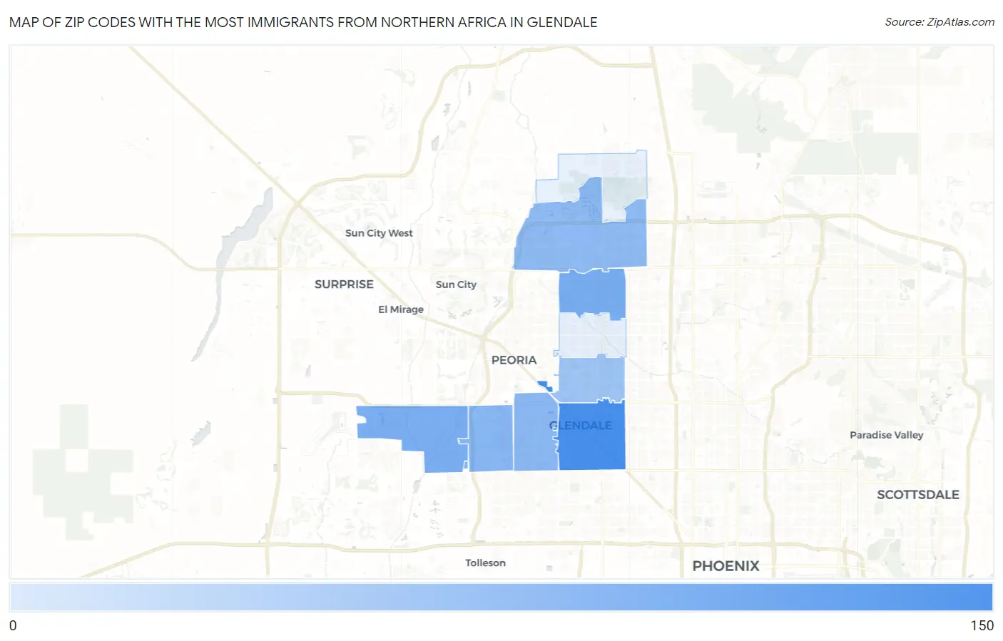 Zip Codes with the Most Immigrants from Northern Africa in Glendale Map