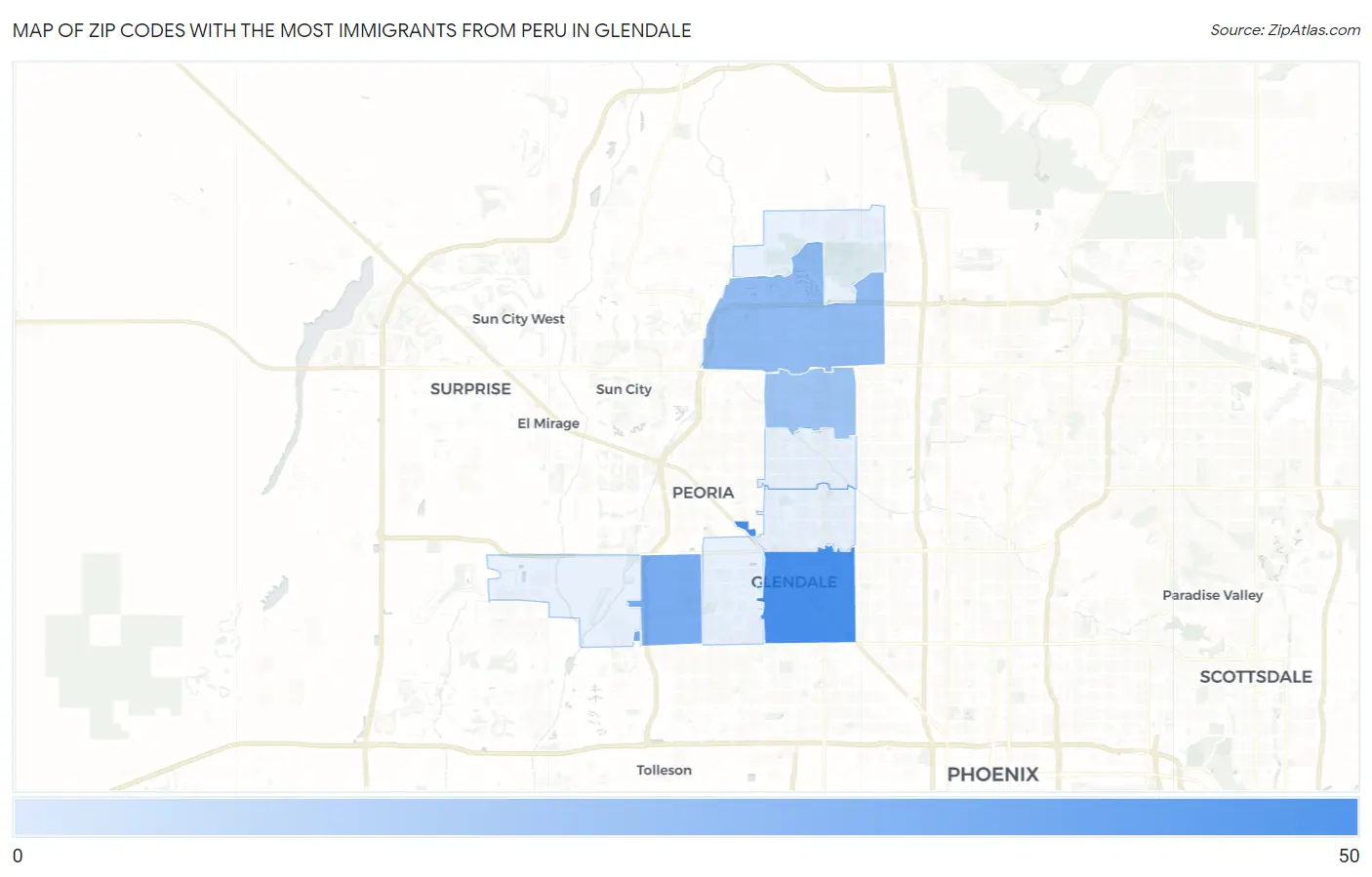 Zip Codes with the Most Immigrants from Peru in Glendale Map