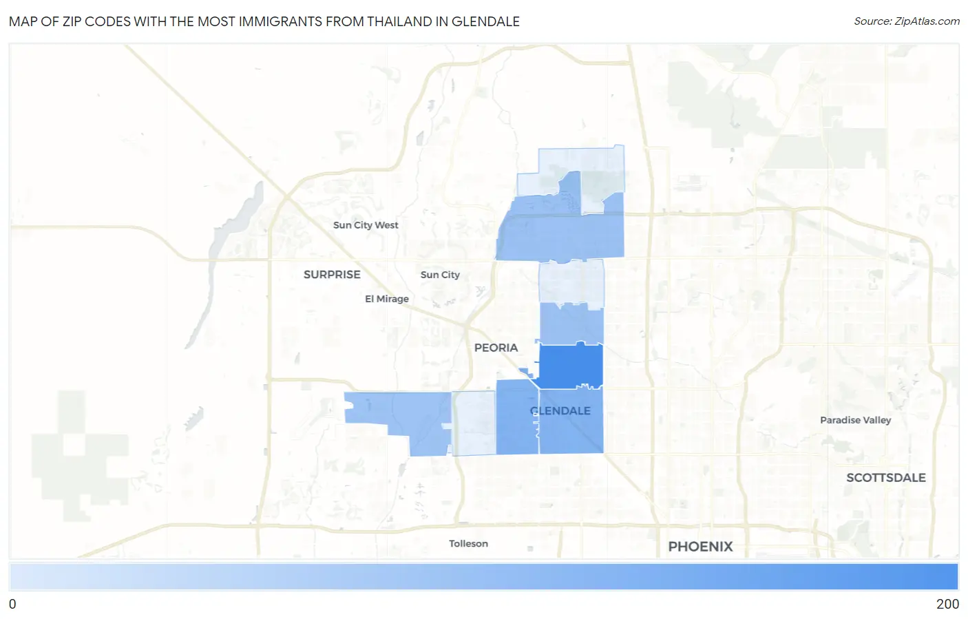 Zip Codes with the Most Immigrants from Thailand in Glendale Map