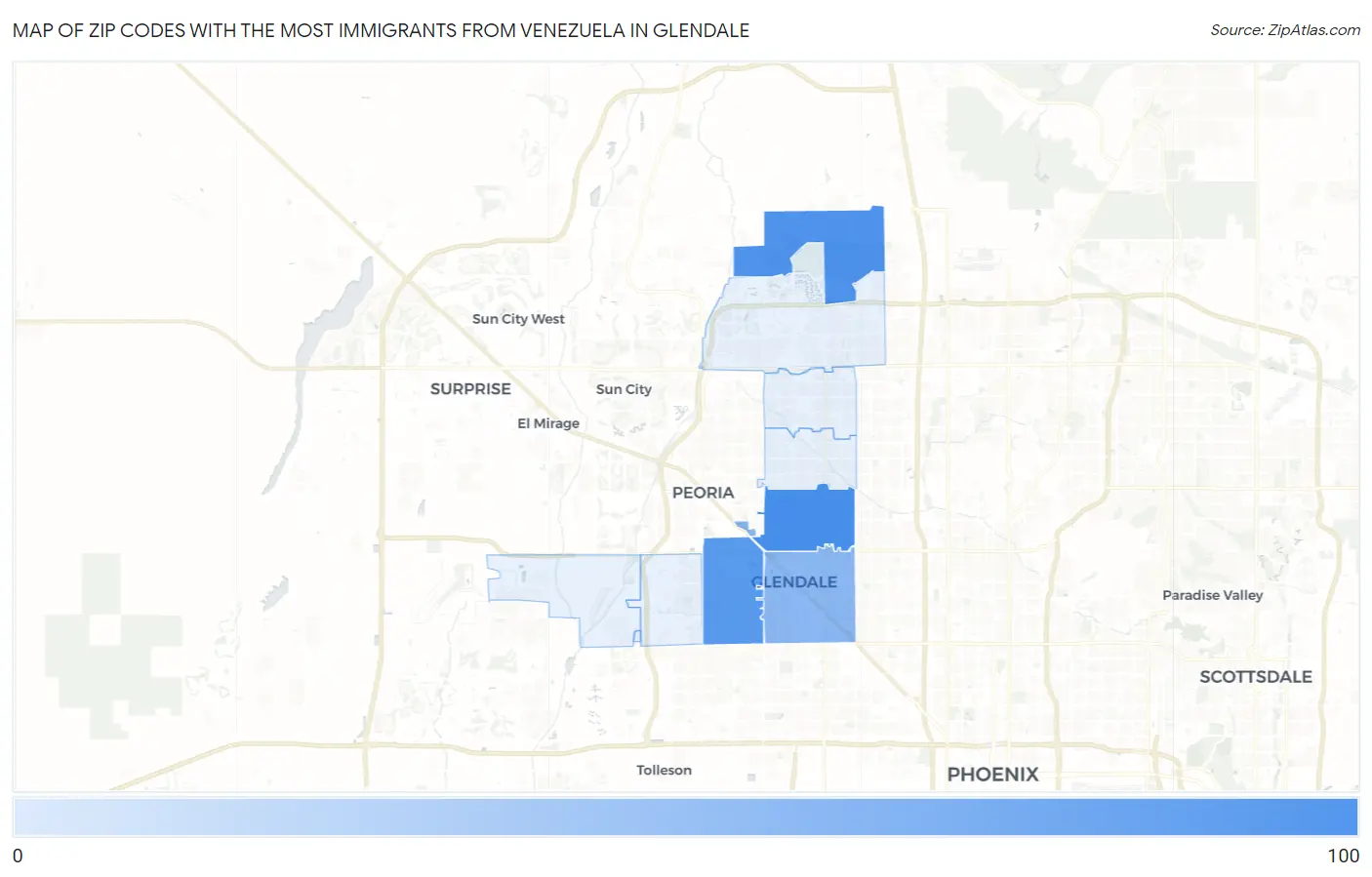 Zip Codes with the Most Immigrants from Venezuela in Glendale Map