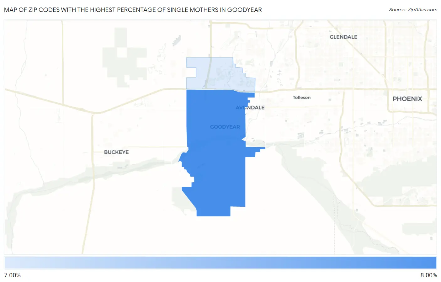 Zip Codes with the Highest Percentage of Single Mothers in Goodyear Map