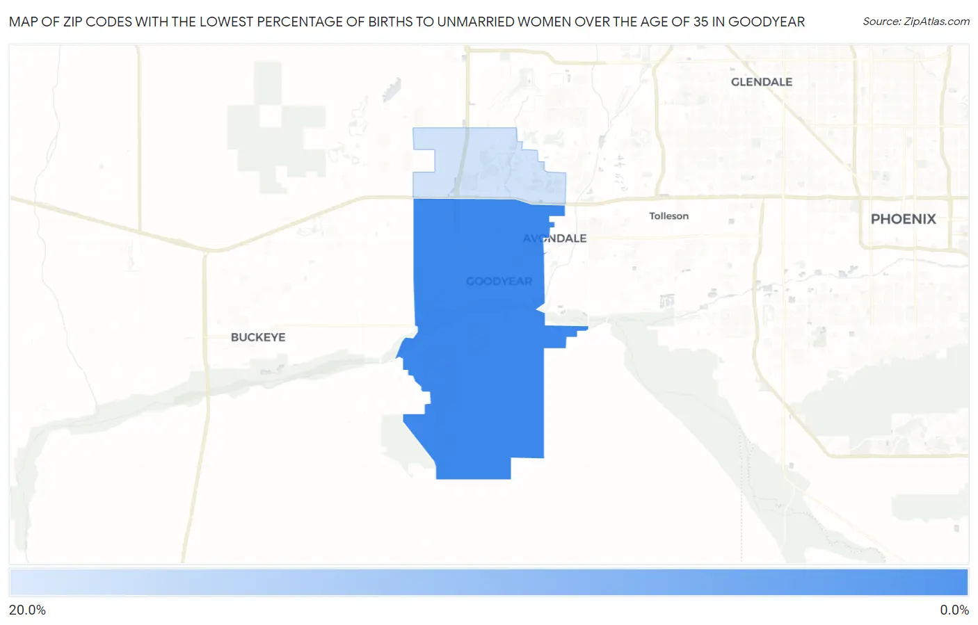 Zip Codes with the Lowest Percentage of Births to Unmarried Women over the Age of 35 in Goodyear Map