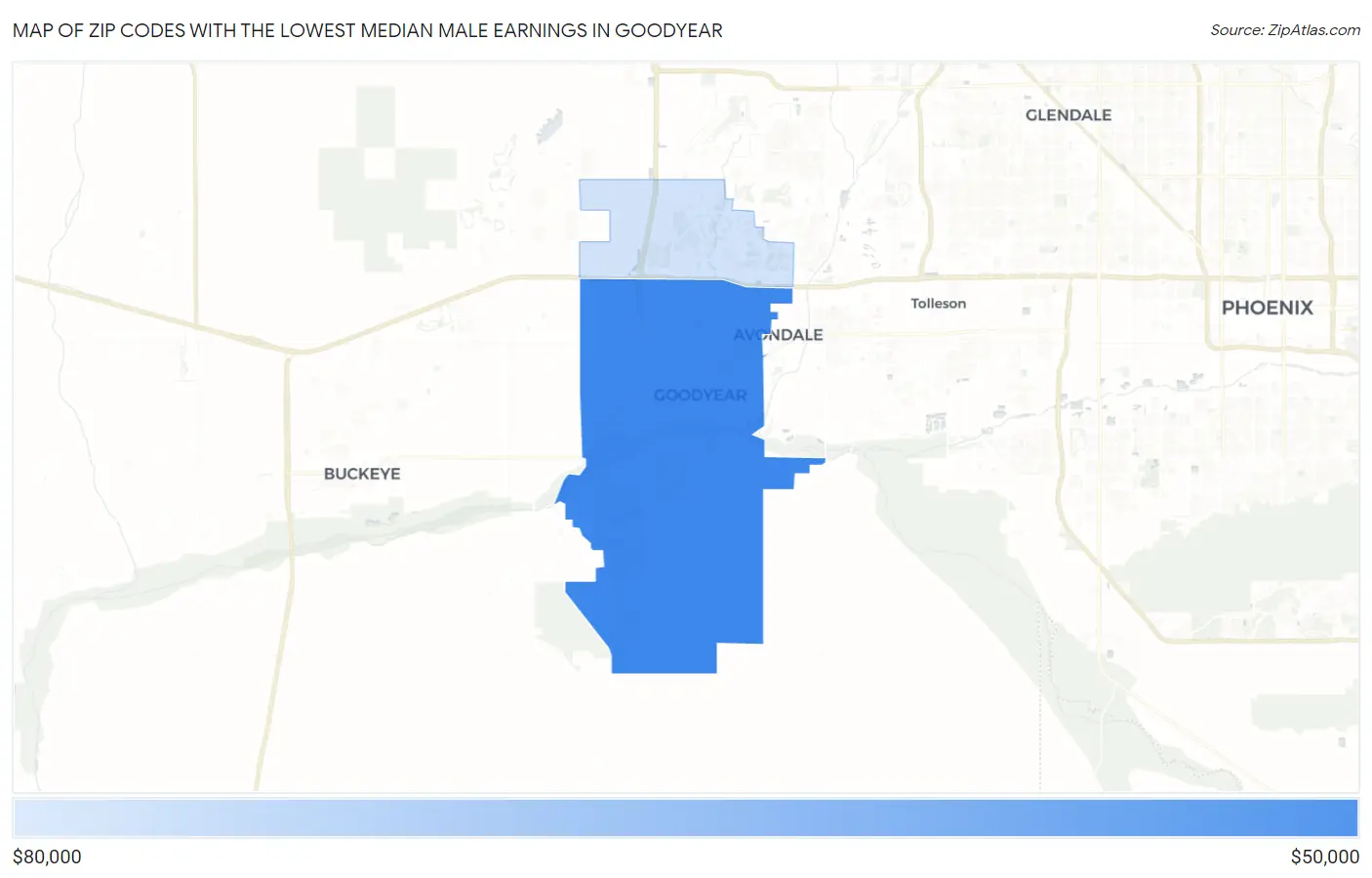 Zip Codes with the Lowest Median Male Earnings in Goodyear Map