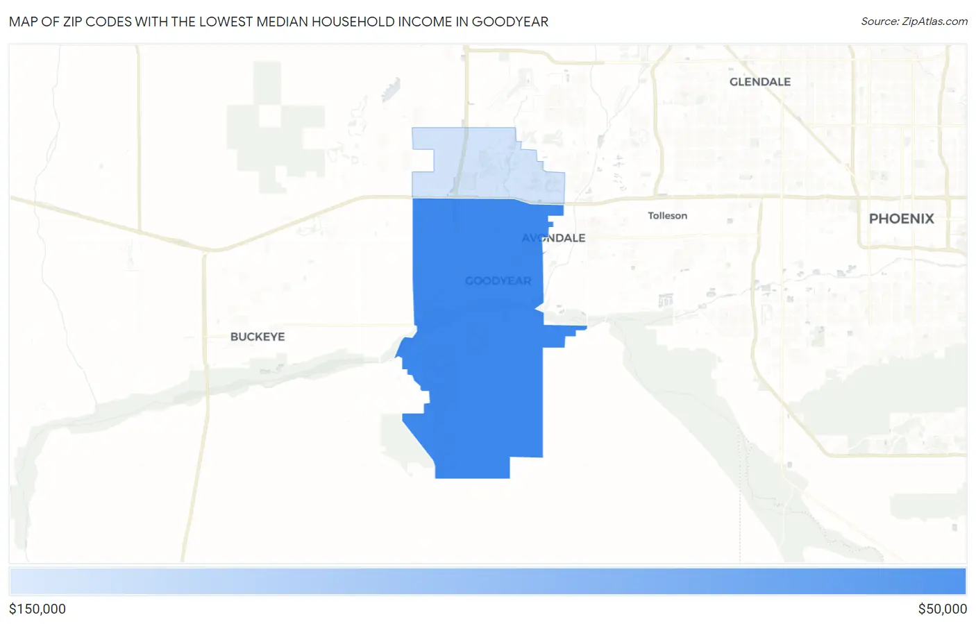 Zip Codes with the Lowest Median Household Income in Goodyear Map