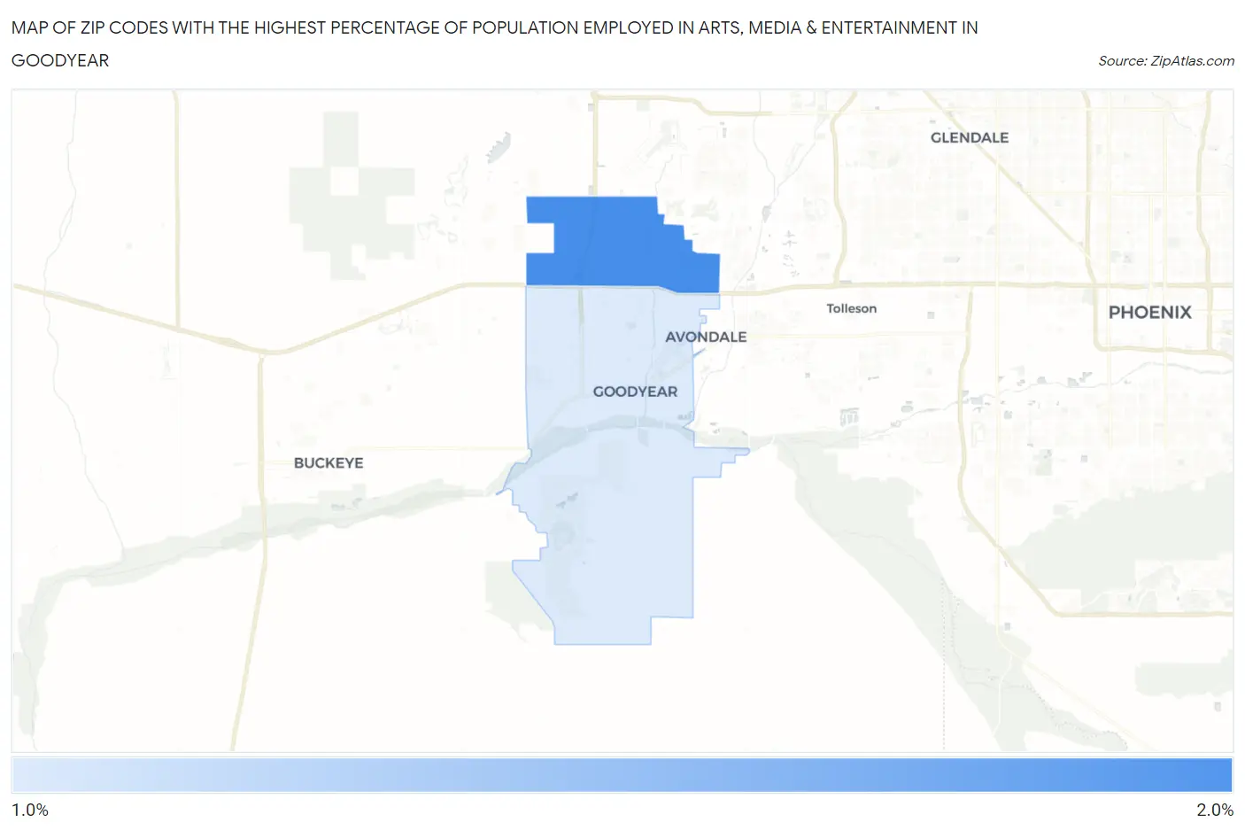 Zip Codes with the Highest Percentage of Population Employed in Arts, Media & Entertainment in Goodyear Map