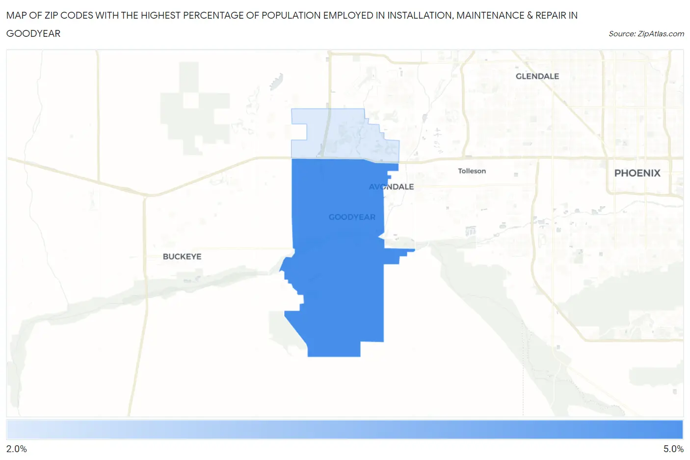Zip Codes with the Highest Percentage of Population Employed in Installation, Maintenance & Repair in Goodyear Map
