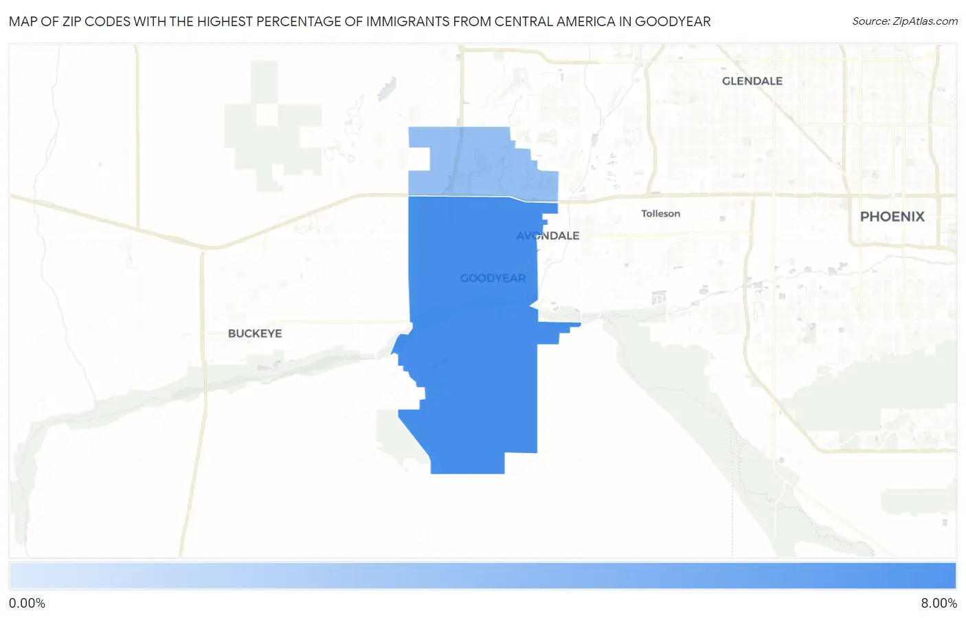 Zip Codes with the Highest Percentage of Immigrants from Central America in Goodyear Map