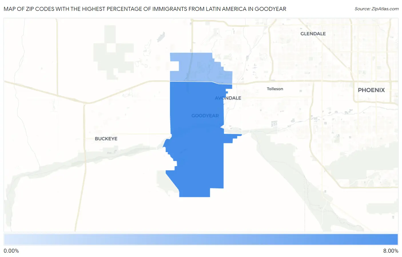 Zip Codes with the Highest Percentage of Immigrants from Latin America in Goodyear Map