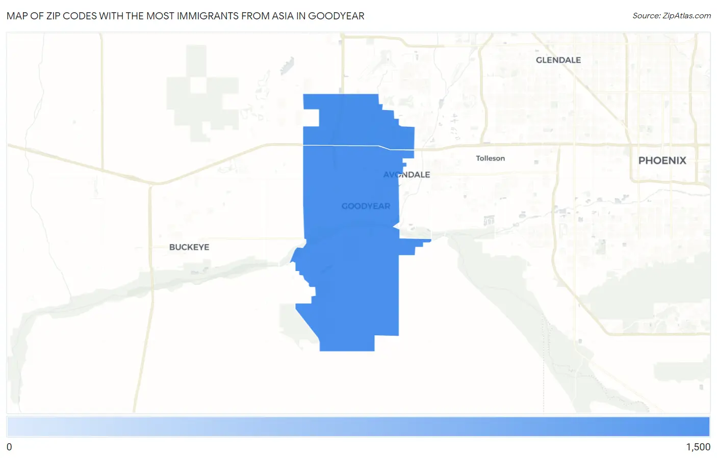Zip Codes with the Most Immigrants from Asia in Goodyear Map