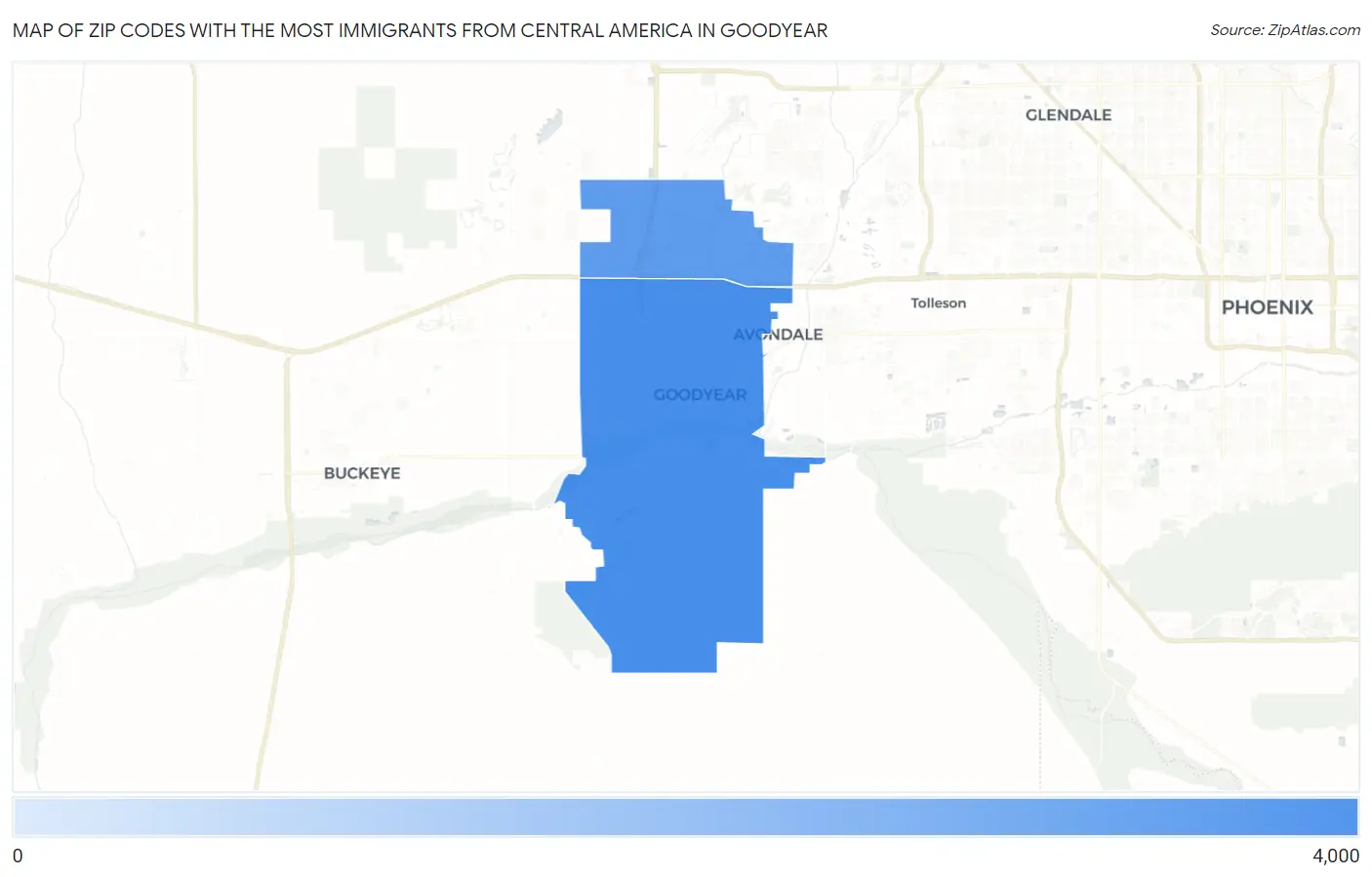 Zip Codes with the Most Immigrants from Central America in Goodyear Map