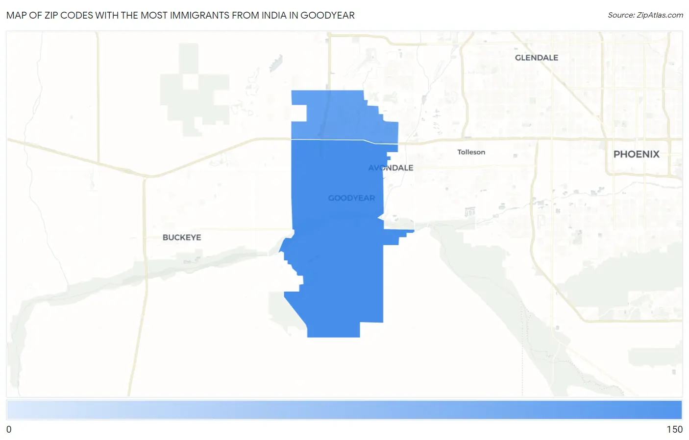 Zip Codes with the Most Immigrants from India in Goodyear Map