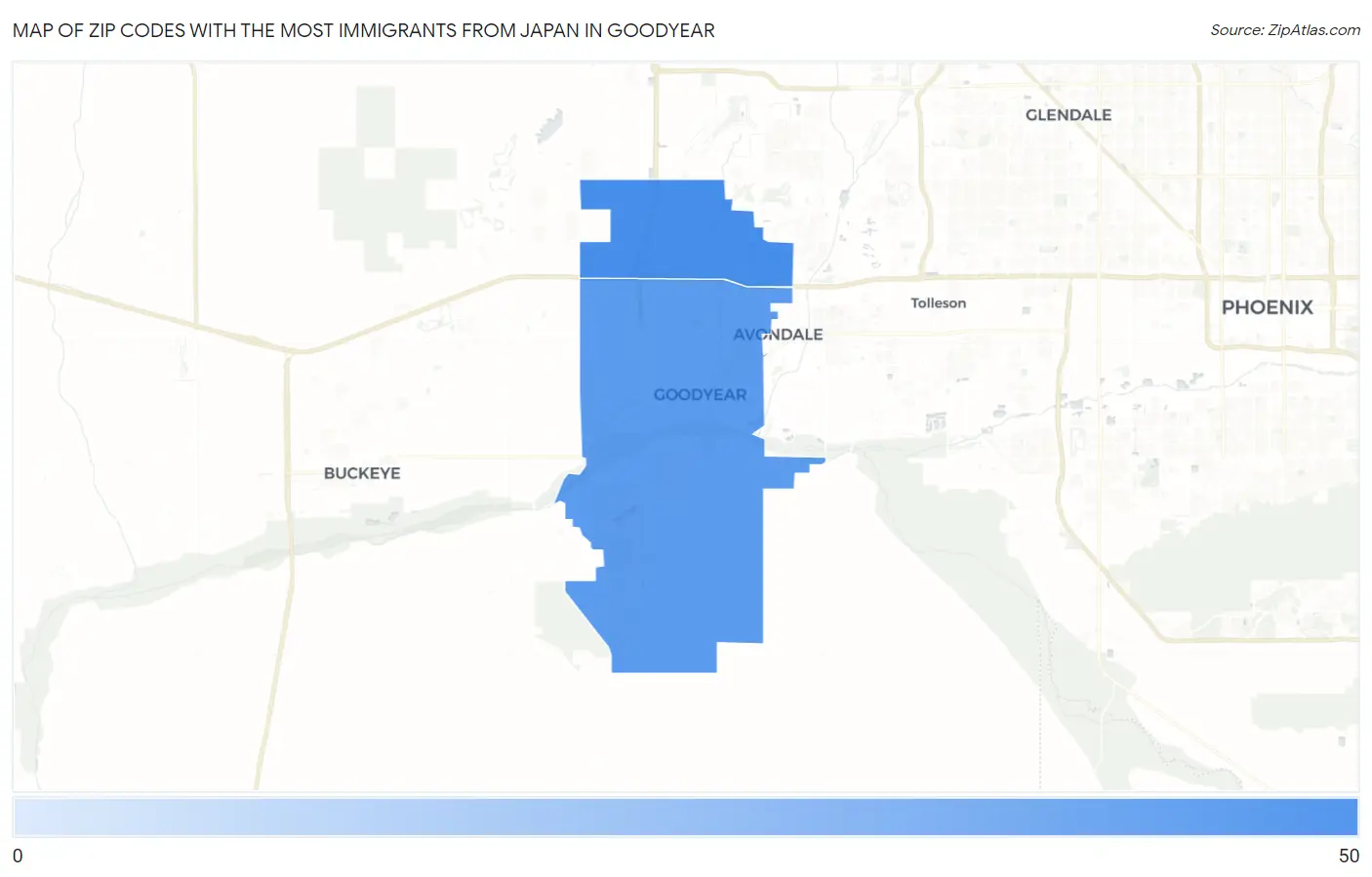 Zip Codes with the Most Immigrants from Japan in Goodyear Map