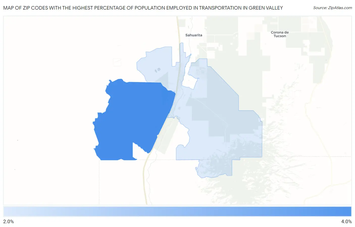 Zip Codes with the Highest Percentage of Population Employed in Transportation in Green Valley Map