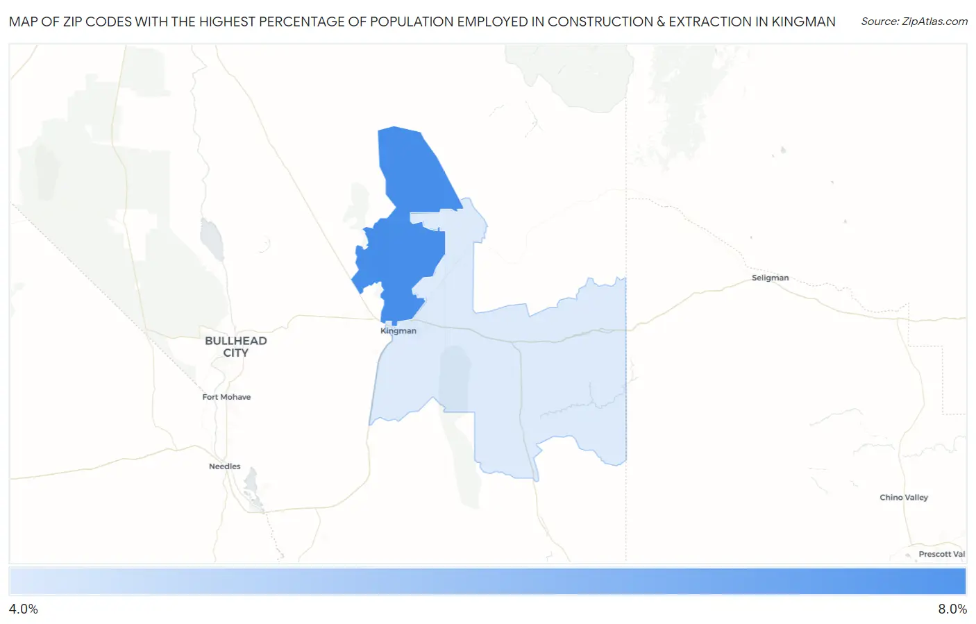 Zip Codes with the Highest Percentage of Population Employed in Construction & Extraction in Kingman Map