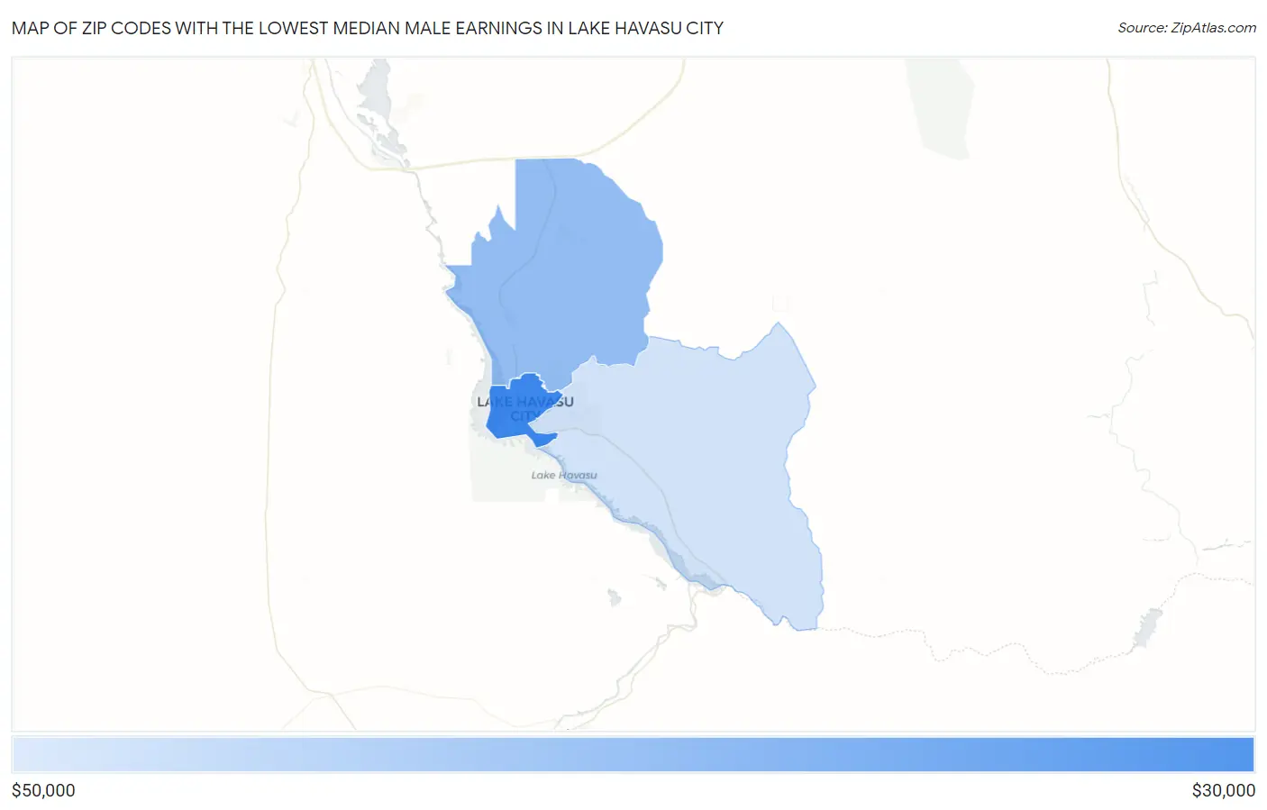 Zip Codes with the Lowest Median Male Earnings in Lake Havasu City Map