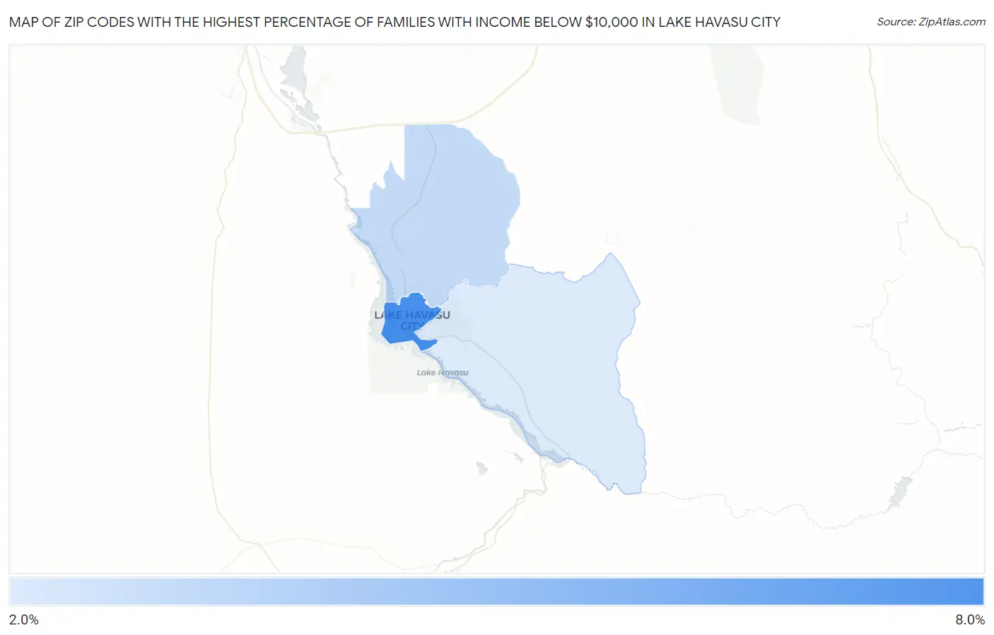 Zip Codes with the Highest Percentage of Families with Income Below $10,000 in Lake Havasu City Map