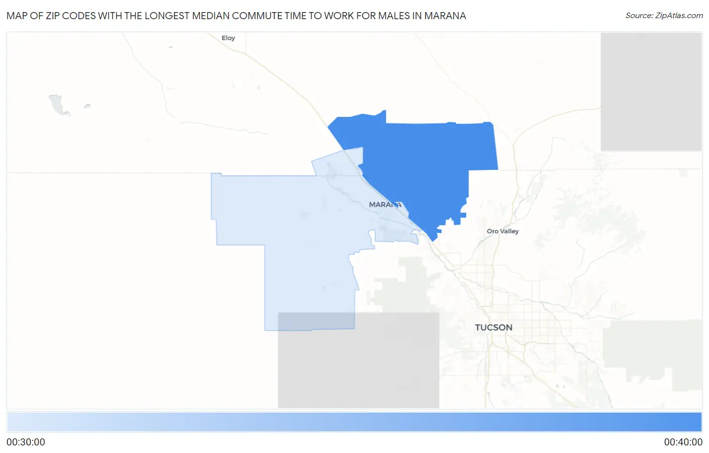 Zip Codes with the Longest Median Commute Time to Work for Males in Marana Map