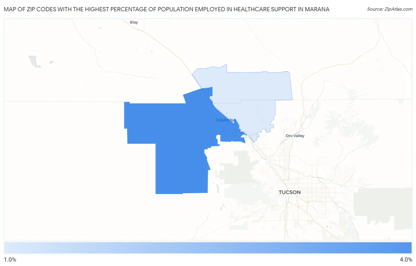 Zip Codes with the Highest Percentage of Population Employed in Healthcare Support in Marana Map