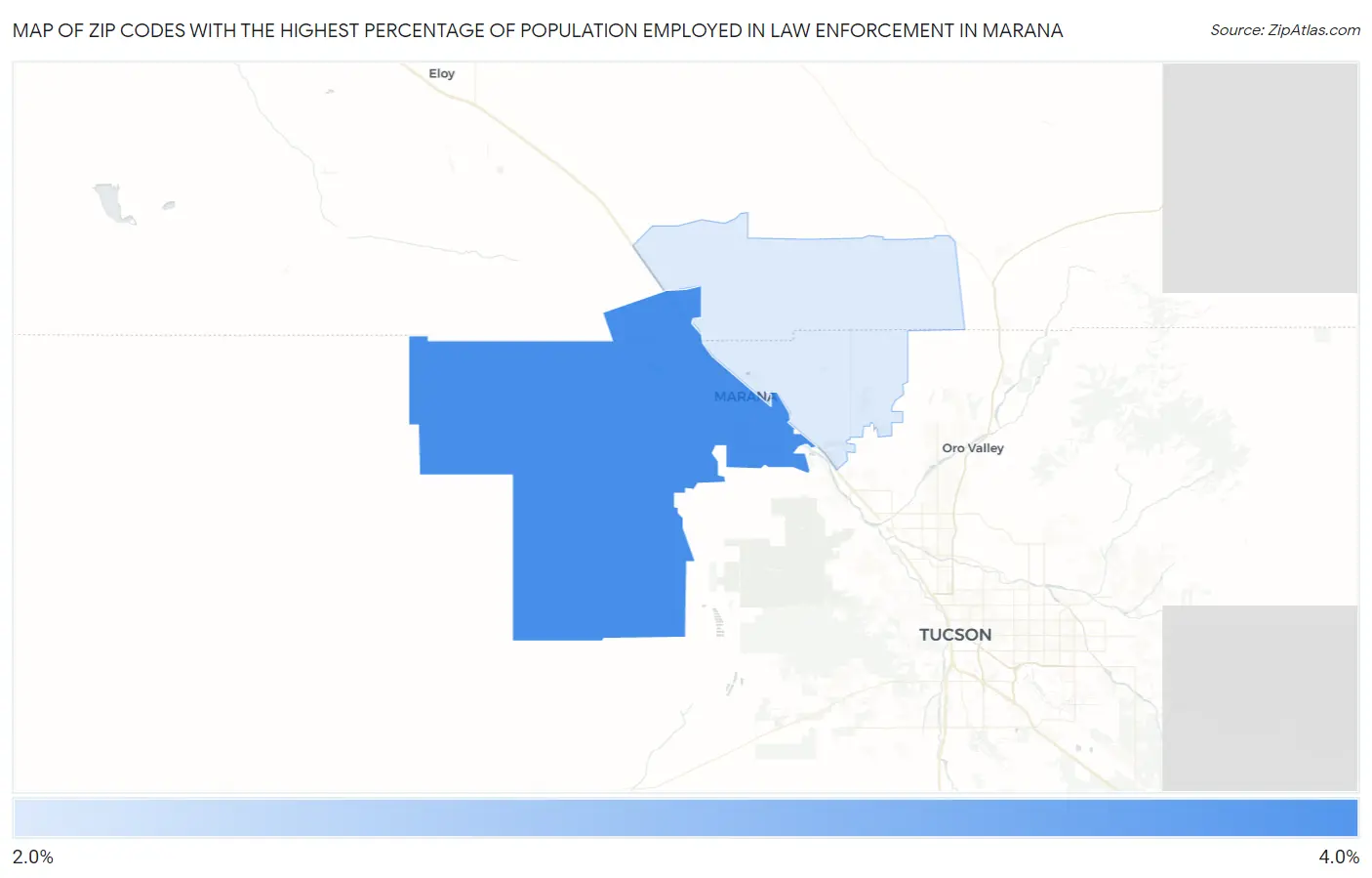 Zip Codes with the Highest Percentage of Population Employed in Law Enforcement in Marana Map