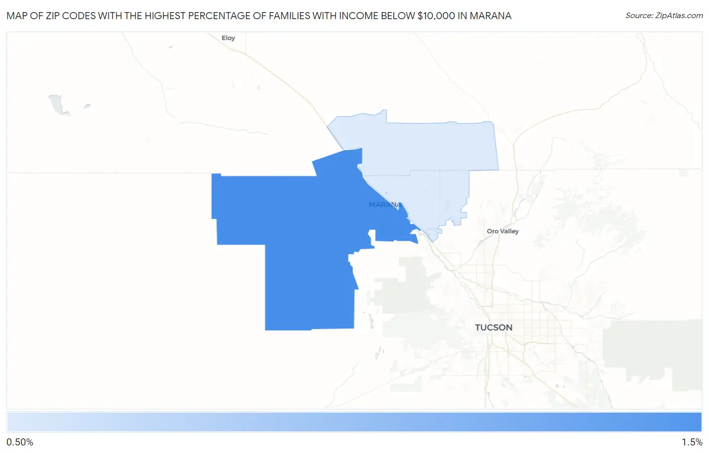 Zip Codes with the Highest Percentage of Families with Income Below $10,000 in Marana Map
