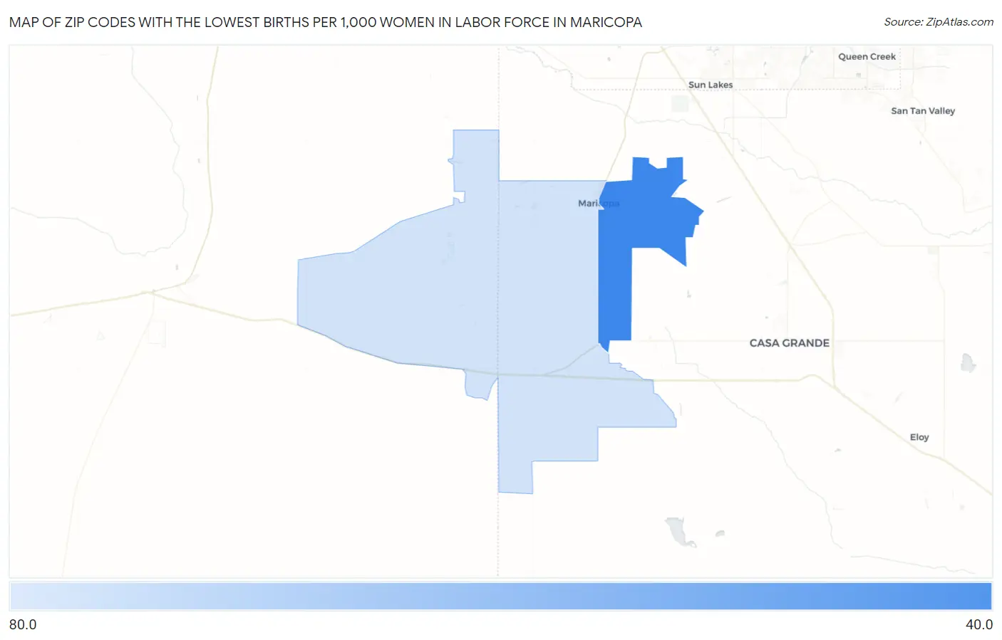 Zip Codes with the Lowest Births per 1,000 Women in Labor Force in Maricopa Map