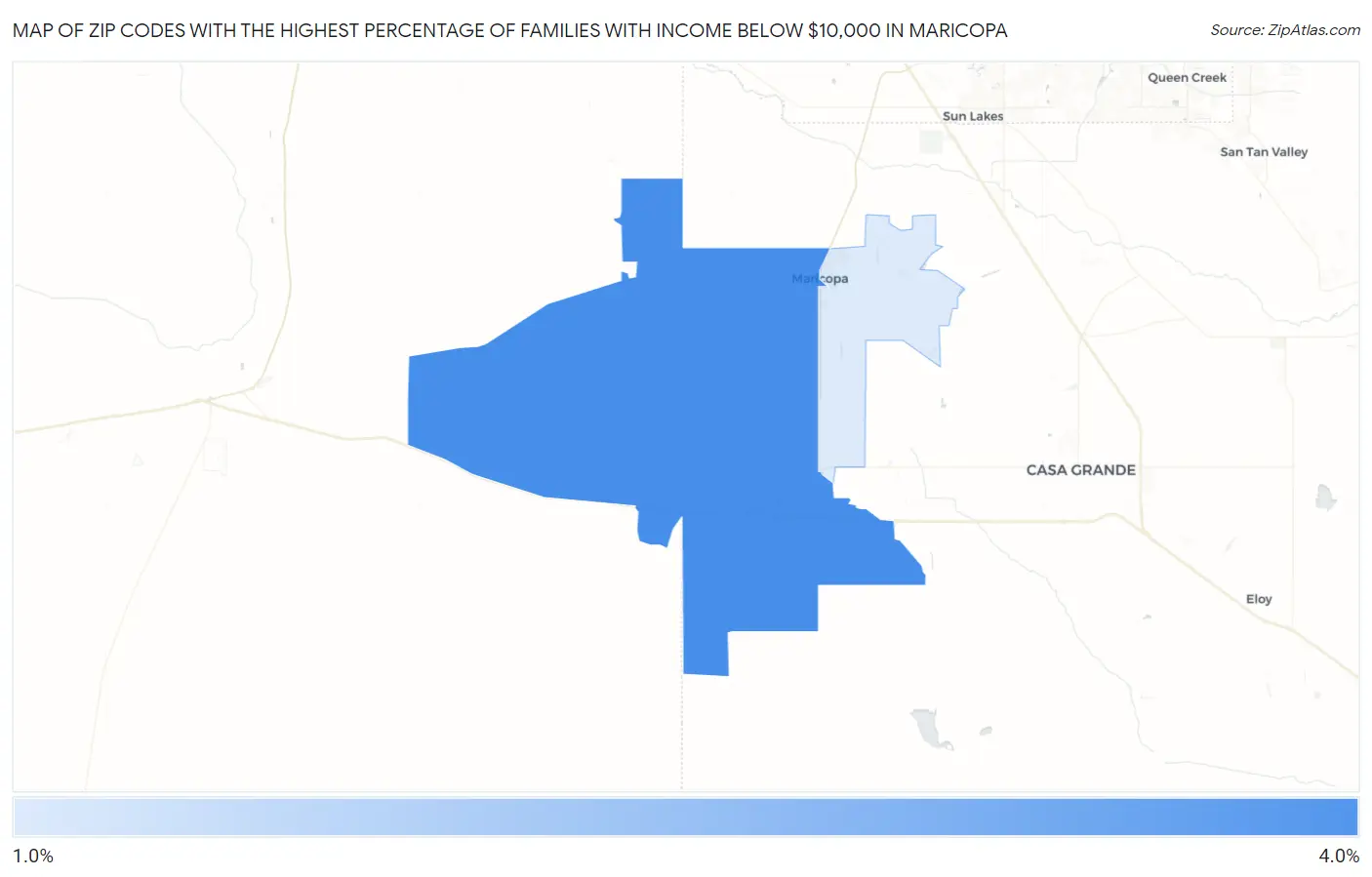 Zip Codes with the Highest Percentage of Families with Income Below $10,000 in Maricopa Map