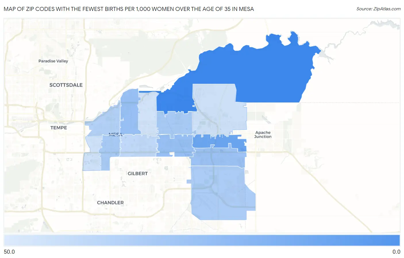 Zip Codes with the Fewest Births per 1,000 Women Over the Age of 35 in Mesa Map