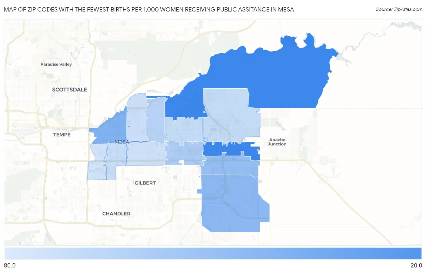 Zip Codes with the Fewest Births per 1,000 Women Receiving Public Assitance in Mesa Map