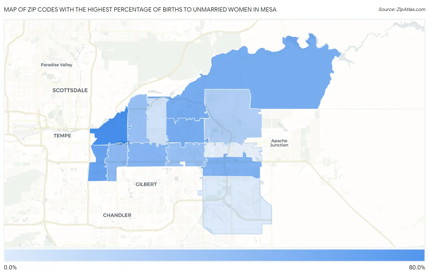 Zip Codes with the Highest Percentage of Births to Unmarried Women in Mesa Map